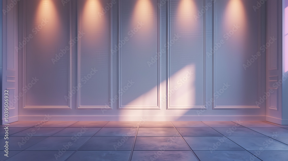 A minimalist room with white walls and a tiled floor, bathed in soft, warm light. The classic moldings add a touch of elegance. A minimalist room with white walls and a tiled floor, bathed in soft, warm light. The classic moldings add a touch of elegance.