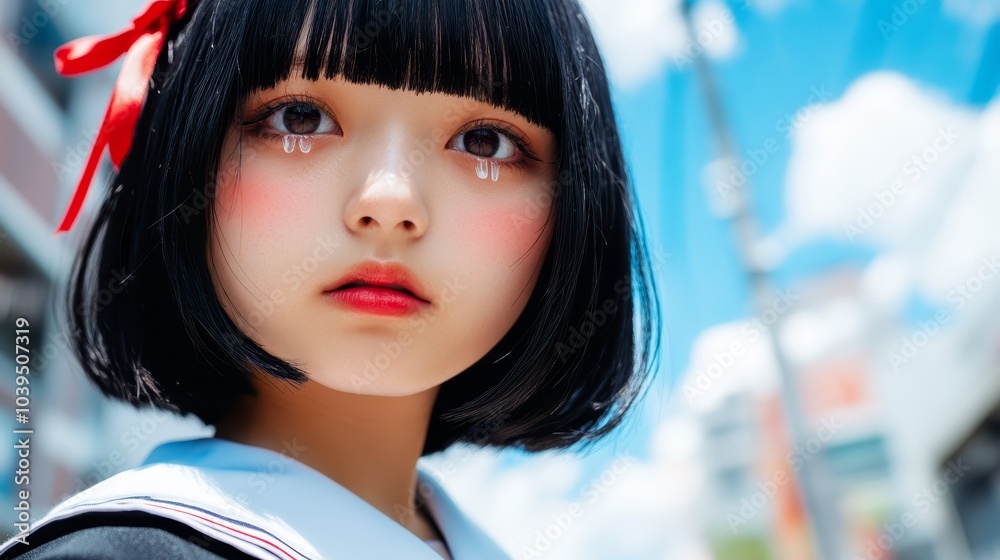 A tight shot of a doll featuring black tresses and a red bow adorning her head, juxtaposed against a backdrop of structures A tight shot of a doll featuring black tresses and a red bow adorning her head, juxtaposed against a backdrop of structures