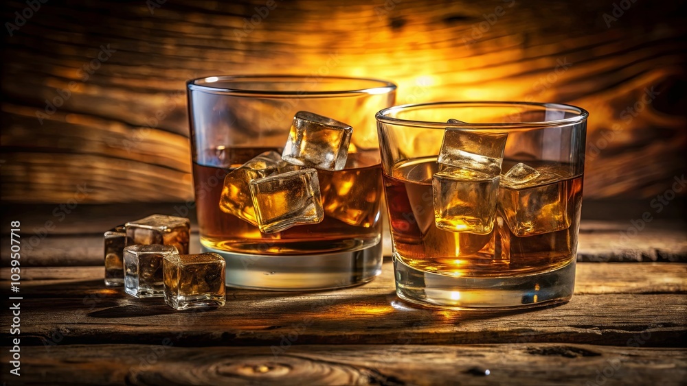 Golden Hues of Relaxation Two glasses of amber liquid, chilled with ice cubes, sit atop a weathered wooden surface, illuminated by a warm glow. Golden Hues of Relaxation Two glasses of amber liquid, chilled with ice cubes, sit atop a weathered wooden surface, illuminated by a warm glow.