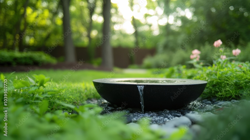 tranquil garden fountain in lush greenery
