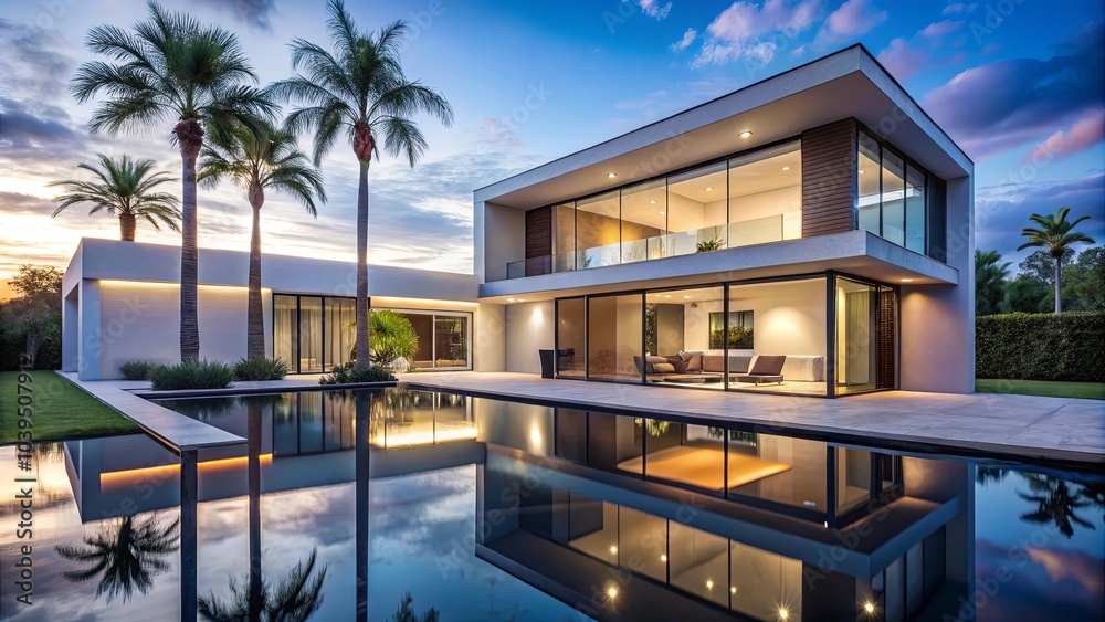 Fototapeta premium Modern Architectural Design Featuring Reflective Pool and Lush Greenery