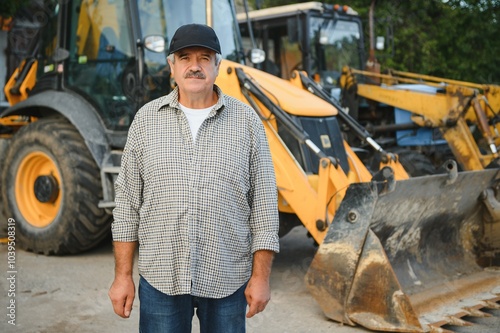 Construction driver with excavator on the background photo