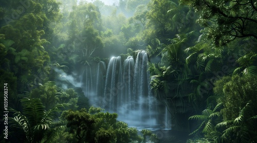 An isolated waterfall in a dense forest.