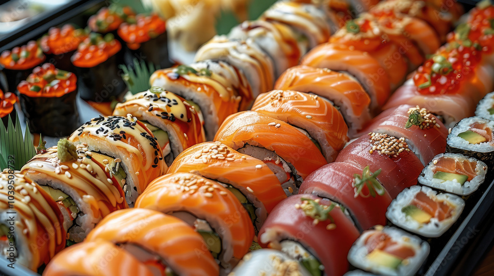 Sushi roll party tray, catering menu. Sushi roll party tray, catering menu.