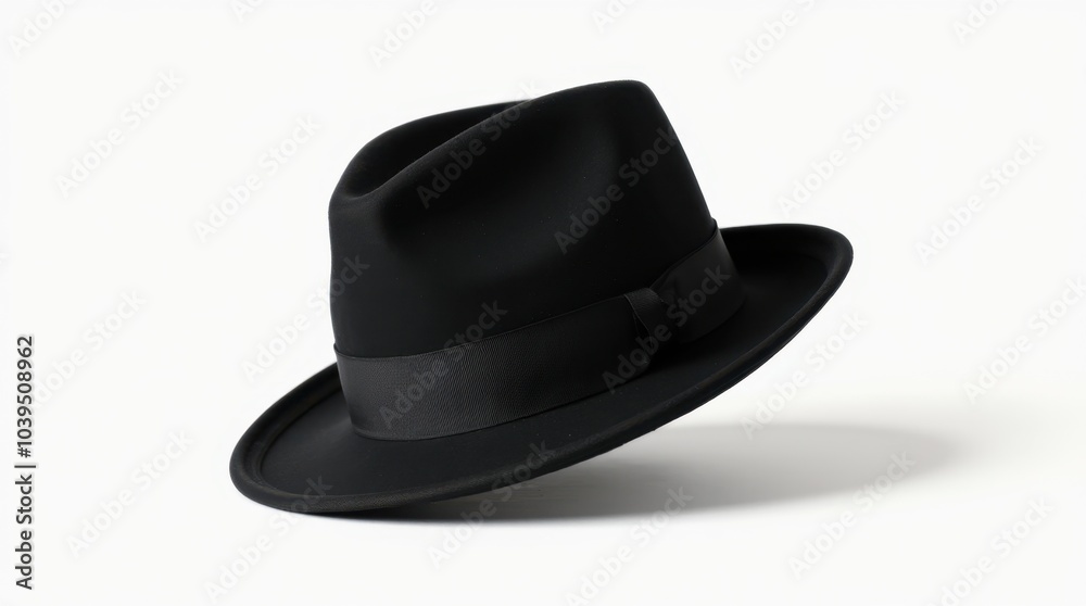 A classic black fedora hat tilted slightly on a pristine white backdrop, evoking a sense of mystery and timeless elegance with its sharp silhouette and understated style. A classic black fedora hat tilted slightly on a pristine white backdrop, evoking a sense of mystery and timeless elegance with its sharp silhouette and understated style.