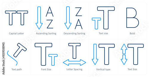 A set of 10 editing tools icons as capital letter, ascending sorting, descending sorting