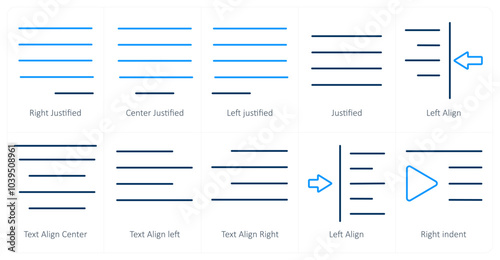 A set of 10 editing tools icons as right justified, center justified, left justified