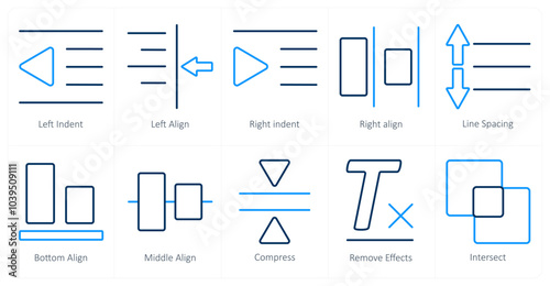 A set of 10 editing tools icons as left indent, left align, right indent
