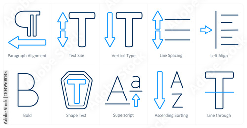 A set of 10 editing tools icons as paragraph alignment, text size, vertical type