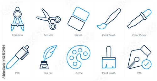 A set of 10 editing tools icons as compass, scissors, eraser