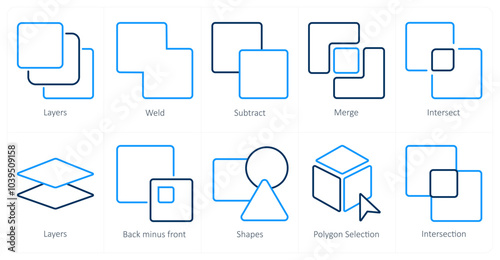 A set of 10 editing tools icons as layers, weld, subtract