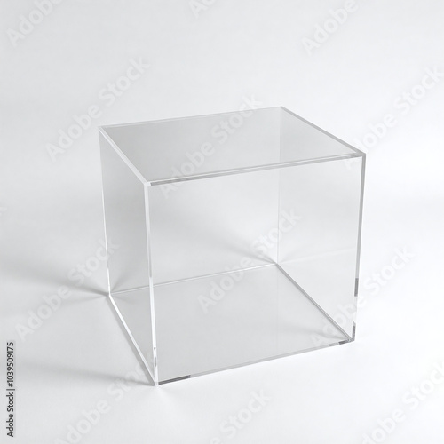 Clear acrylic cube, perfect for modern product displays or creative design concepts. Isolated on white for versatile usage in digital and print projects. photo