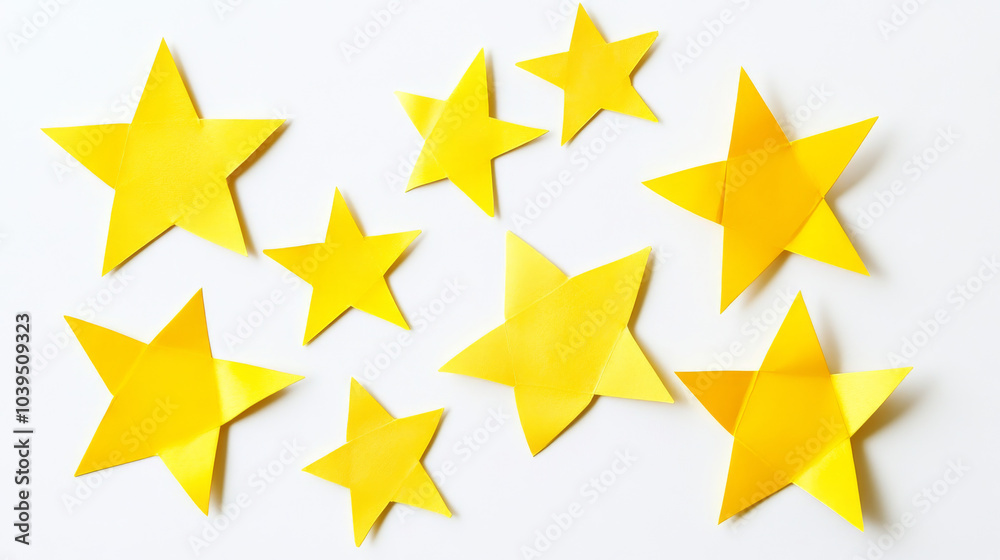 A set of yellow, star-shaped paper stickers against a white backdrop. A set of yellow, star-shaped paper stickers against a white backdrop.