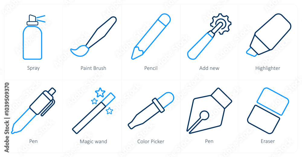 A set of 10 editing tools icons as spray, paint brush, pencil A set of 10 editing tools icons as spray, paint brush, pencil