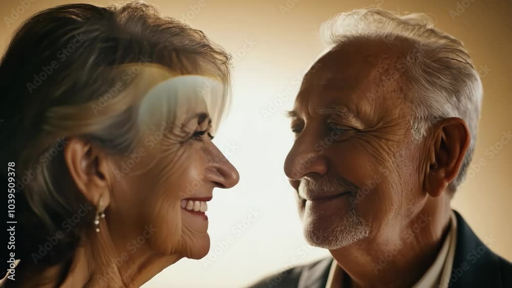 Happy elderly couple smiling at each other against a warm background Happy elderly couple smiling at each other against a warm background