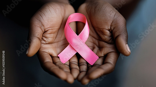 Breast Cancer Pink Awareness Ribbon Month, African American Black Hands Holding Close-up