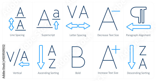 A set of 10 editing tools icons as line spacing, superscript, letter spacing