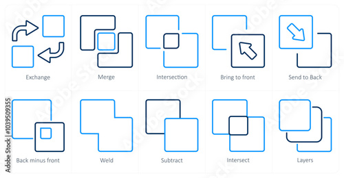 A set of 10 editing tools icons as exchange, merge, intersection