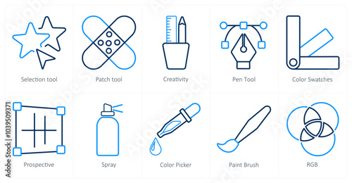 A set of 10 editing tools icons as selection tool, patch tool, creativity
