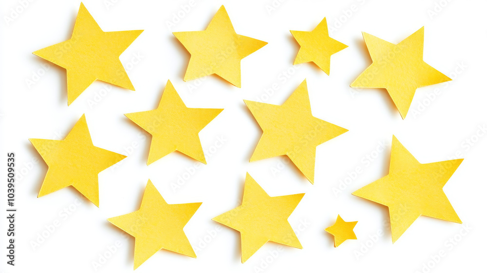 A set of yellow, star-shaped paper stickers against a white backdrop.