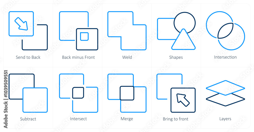 A set of 10 editing tools icons as send to back, back minus front, weld A set of 10 editing tools icons as send to back, back minus front, weld