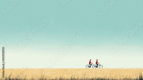 Serene Bicycle Ride: Joyful Couple Cycling Along Peaceful Countryside Road in Flat Illustration with Copy Space