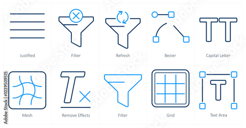A set of 10 editing tools icons as justified, filter, refresh