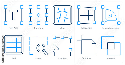A set of 10 editing tools icons as text area, transform, mesh