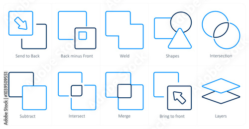 A set of 10 editing tools icons as send to back, back minus front, weld
