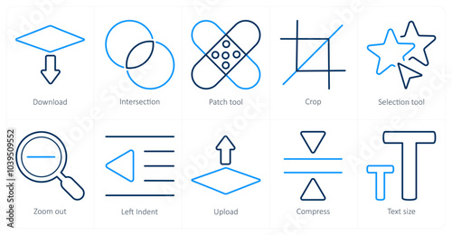 A set of 10 editing tools icons as download, intersection, patch tool