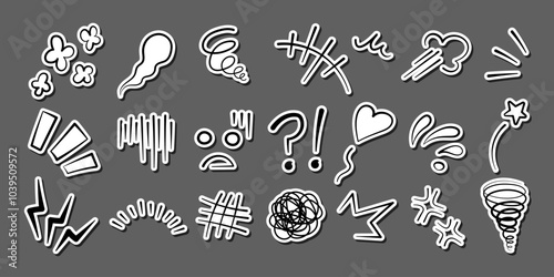 Manga or anime comic emoticon element graphic effects hand drawn doodle vector illustration set isolated on gray background. Sticker style manga doodle line expression scribble anime mark collection