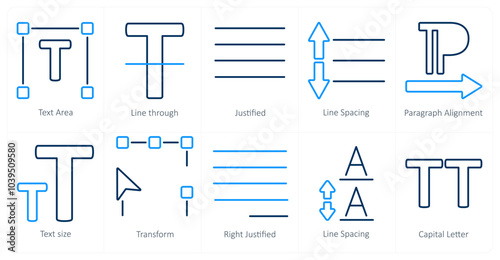 A set of 10 editing tools icons as text area, line through, justified