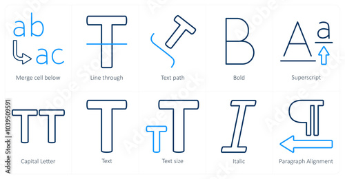 A set of 10 editing tools icons as merge cell below, line through, taxt path