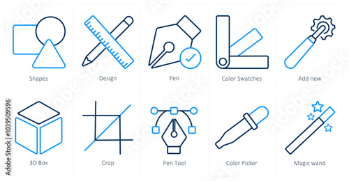 A set of 10 editing tools icons as shapes, pen, color swatches