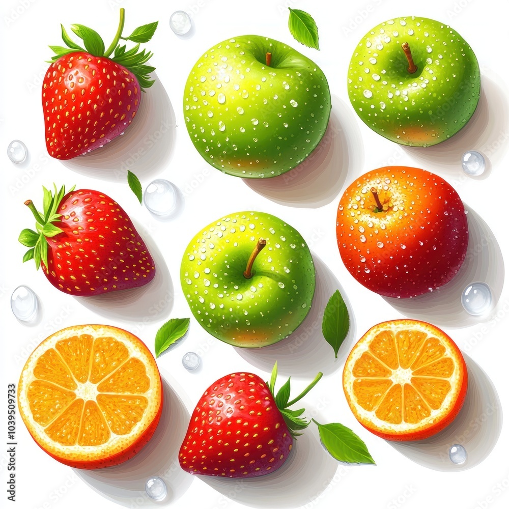 A vibrant arrangement of green and red apples, strawberries, and orange slices with leaves. A vibrant arrangement of green and red apples, strawberries, and orange slices with leaves.