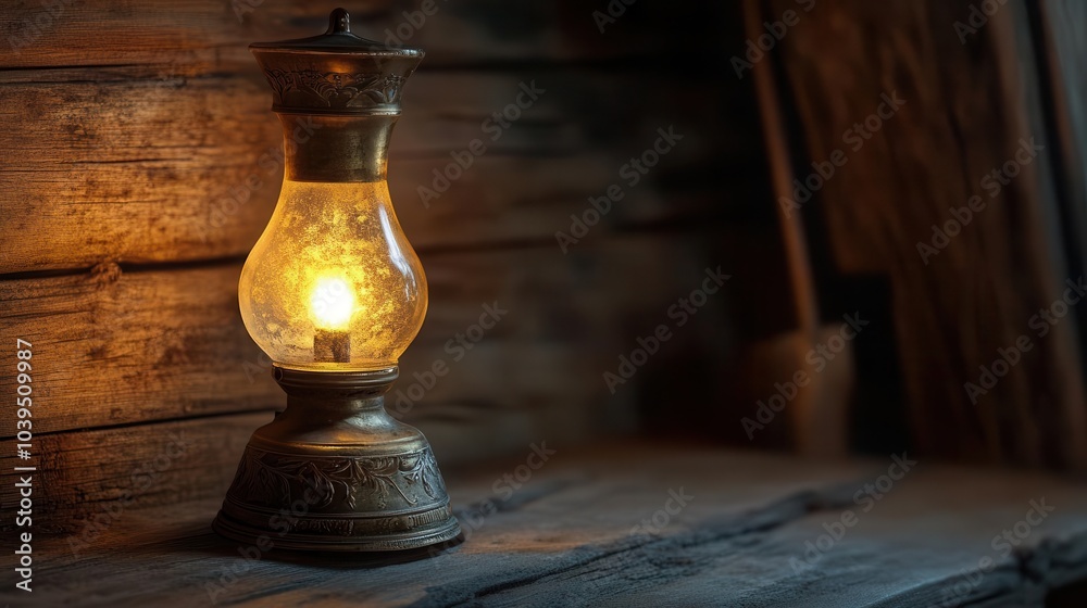 Old oil lamp with a warm glow illuminating a wooden background Old oil lamp with a warm glow illuminating a wooden background