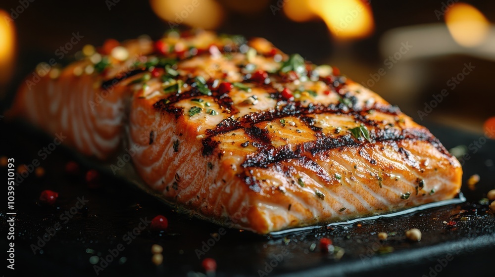 Delicious Grilled Salmon Fillet on a Dark Textured Surface Perfect for Culinary Promotion and Recipe Sharing Delicious Grilled Salmon Fillet on a Dark Textured Surface Perfect for Culinary Promotion and Recipe Sharing