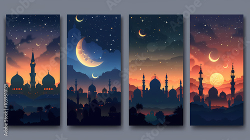 A set of four illustrations depicting the beautiful silhouette of an Islamic city at sunset and night. The images feature a crescent moon, stars, and a mosque, creating a serene and mystical atmospher