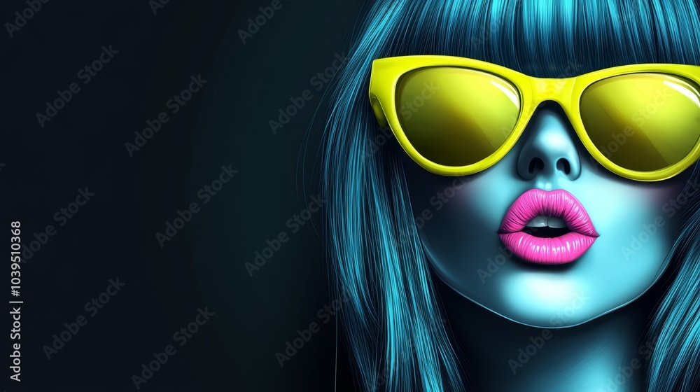A tight shot of an individual donning yellow sunglasses and a blue wig, with pink lipstick accentuating their lips as they stick out their tongue A tight shot of an individual donning yellow sunglasses and a blue wig, with pink lipstick accentuating their lips as they stick out their tongue