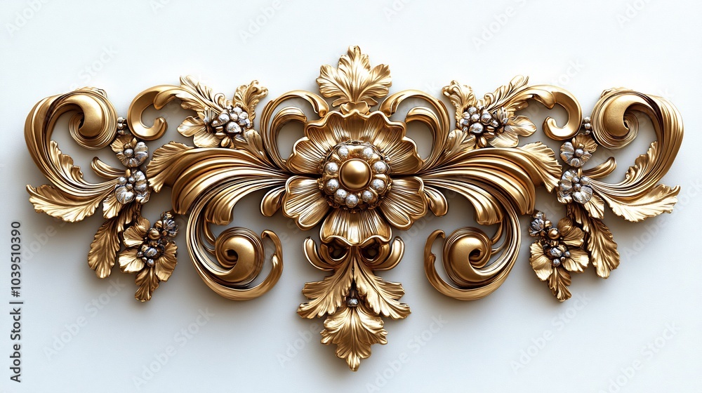 Opulent 3D gold ornament set on a white background with intricate Baroque elements including swirling floral patterns filigree scrolls and regal vintage flourishes showcasing historical grandeur Opulent 3D gold ornament set on a white background with intricate Baroque elements including swirling floral patterns filigree scrolls and regal vintage flourishes showcasing historical grandeur