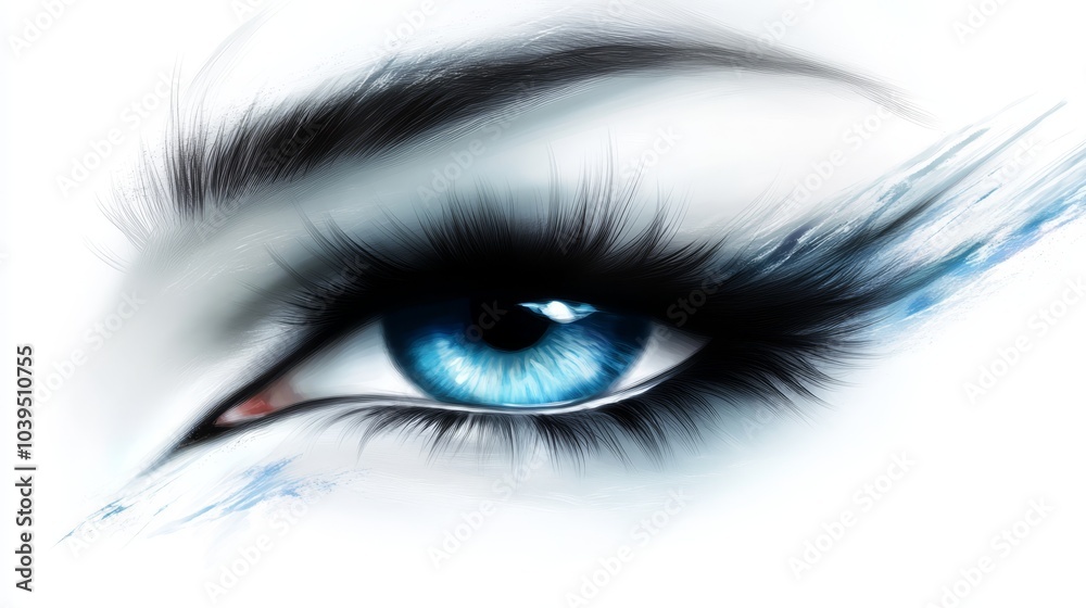 A tight shot of a blue eye adorned with black and white feathers within the iris A tight shot of a blue eye adorned with black and white feathers within the iris