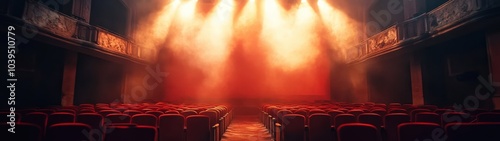 A dramatic theater stage with bright lights and fog, creating an engaging atmosphere for performances and events.
