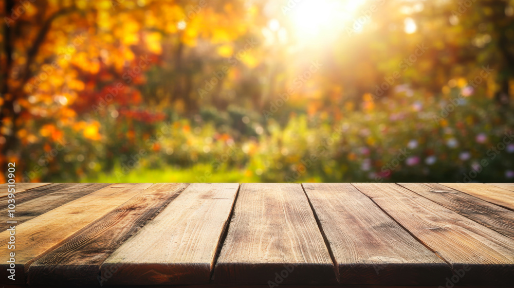 Fototapeta premium Autumn leaves gently falling over a rustic wooden table in a serene outdoor setting during golden hour