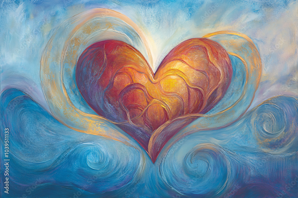 A vibrant abstract painting of a large heart with swirling textures in red and orange tones surrounded by flowing blue patterns creating a warm and emotional feel
A vibrant abstract painting of a large heart with swirling textures in red and orange tones surrounded by flowing blue patterns creating a warm and emotional feel