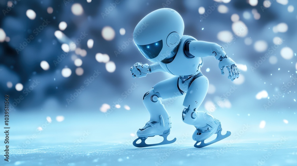 Futuristic robot ice skating in winter wonderland Futuristic robot ice skating in winter wonderland
