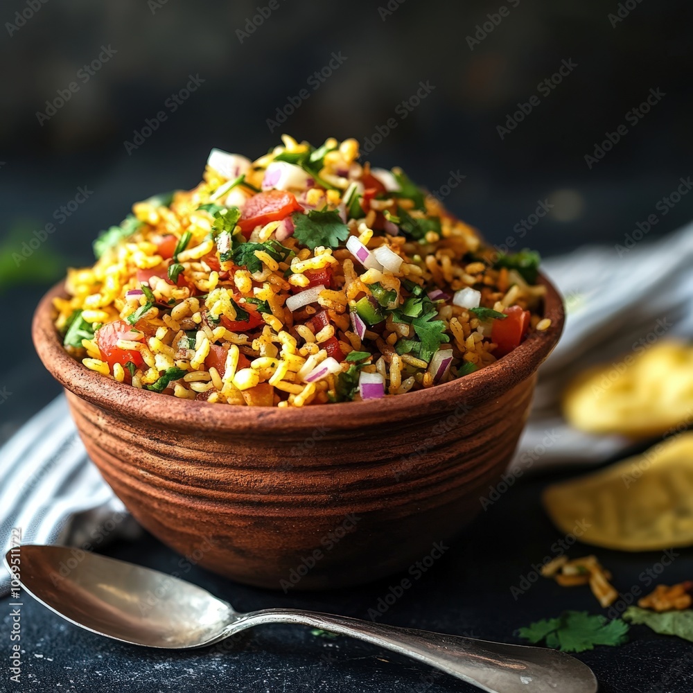 Delicious vegetable fried rice in a wooden bowl Delicious vegetable fried rice in a wooden bowl