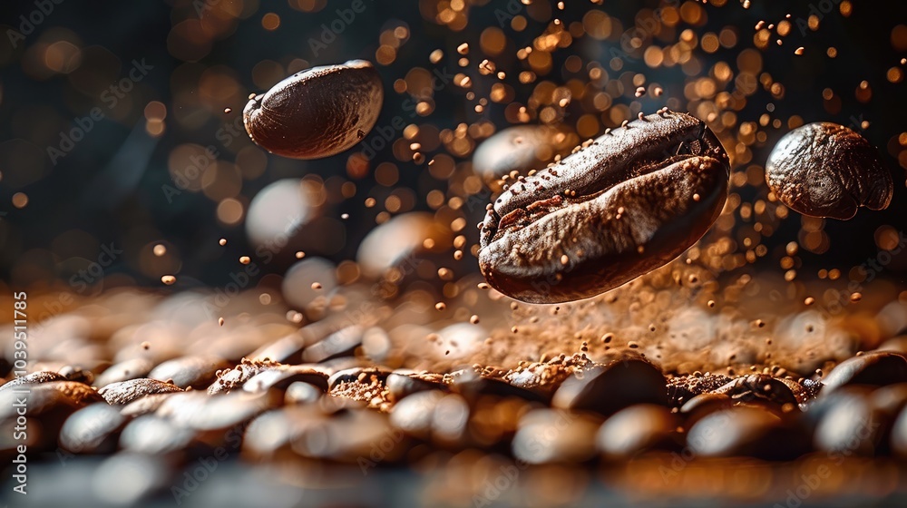 Flying coffee beans on dark brown background with copy space, fresh coffee beans, an elegant appearance. Flying coffee beans on dark brown background with copy space, fresh coffee beans, an elegant appearance.