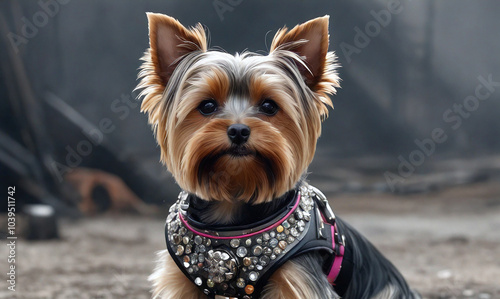Dogs. Yorkshire Terrier. Dog in a beautiful harness, collar.
