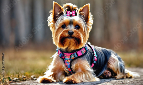 Dogs. Yorkshire Terrier. Dog in a beautiful harness, collar.