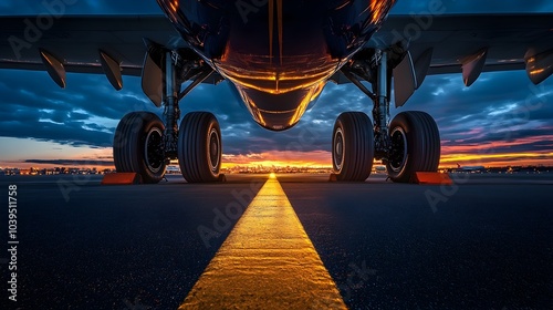 Dramatic Low Angle View of Commercial Airliner s Landing Gear at Twilight photo